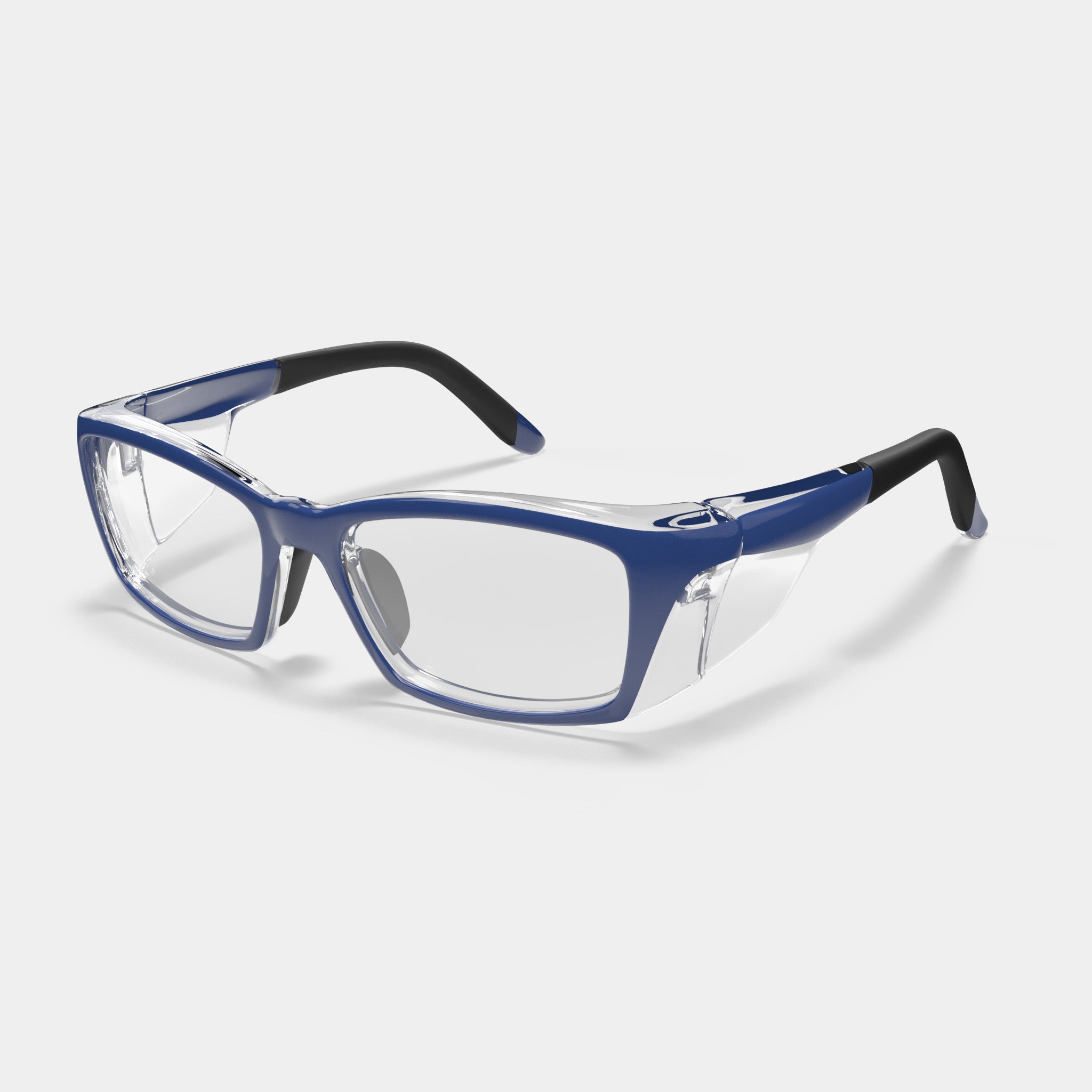 A007 prescription safety glasses in blue with clear side shields on a white background