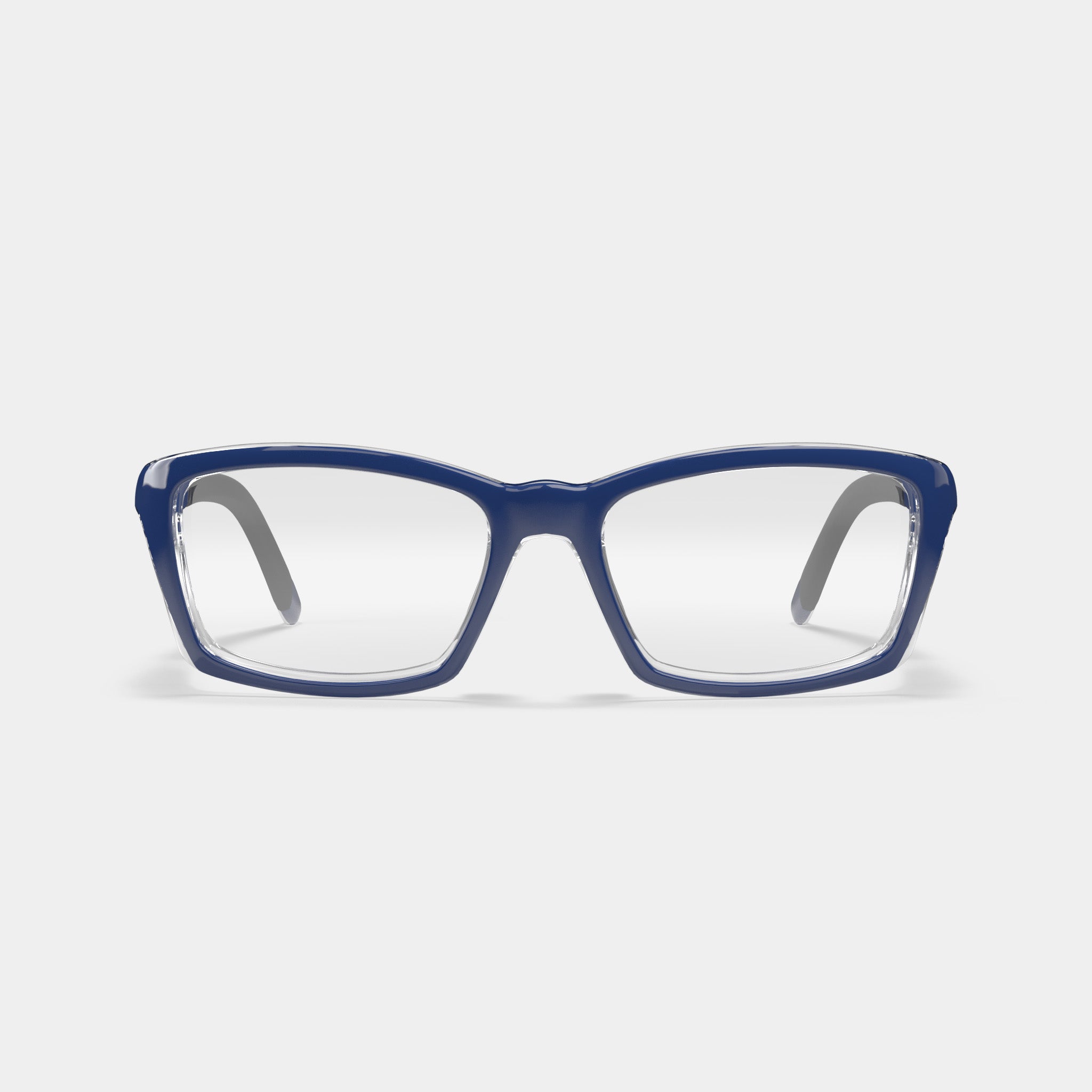 A007 prescription safety glasses in blue, rectangular frame, clear lenses, front view