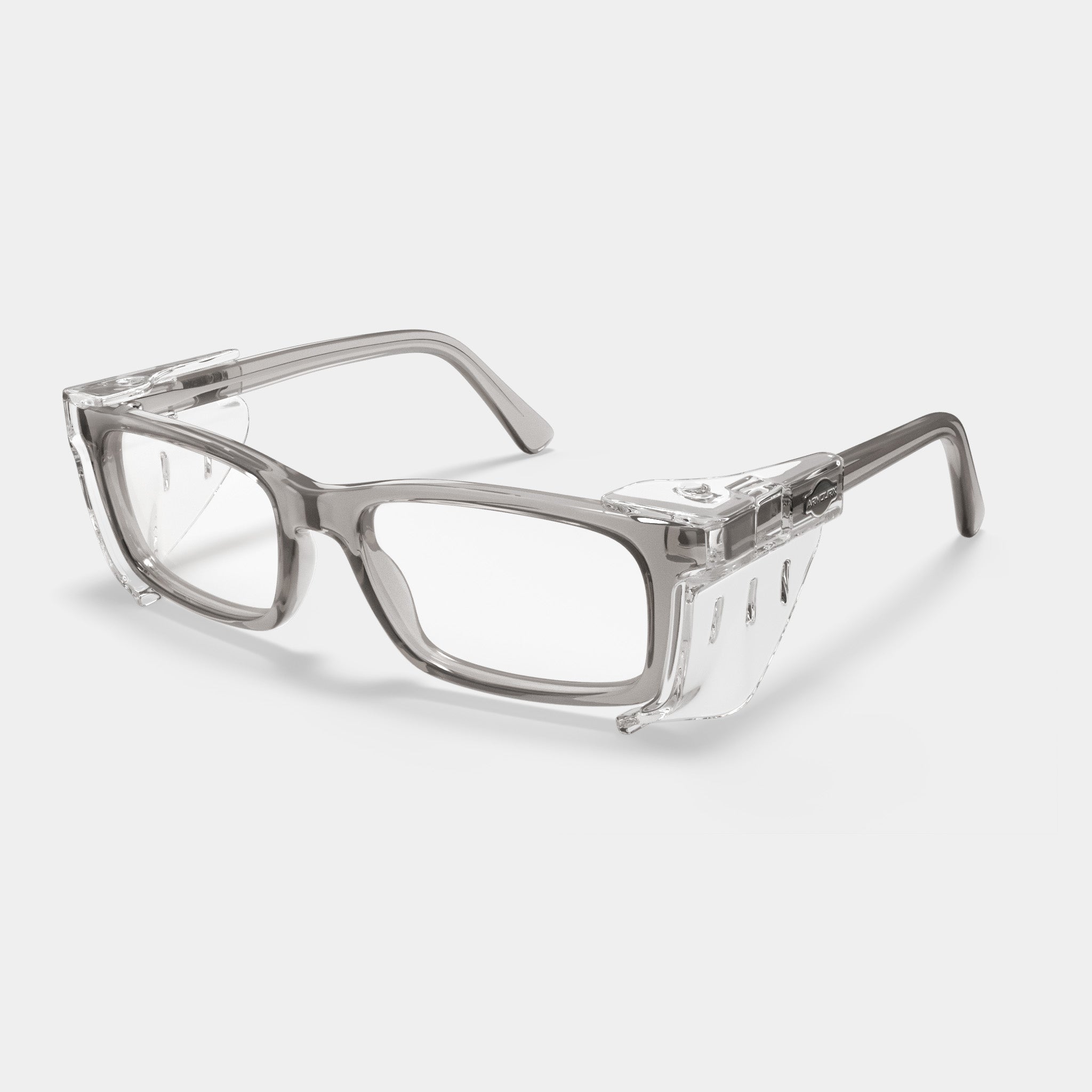Armourx 5001 prescription safety glasses in clear gray with side shields on white background