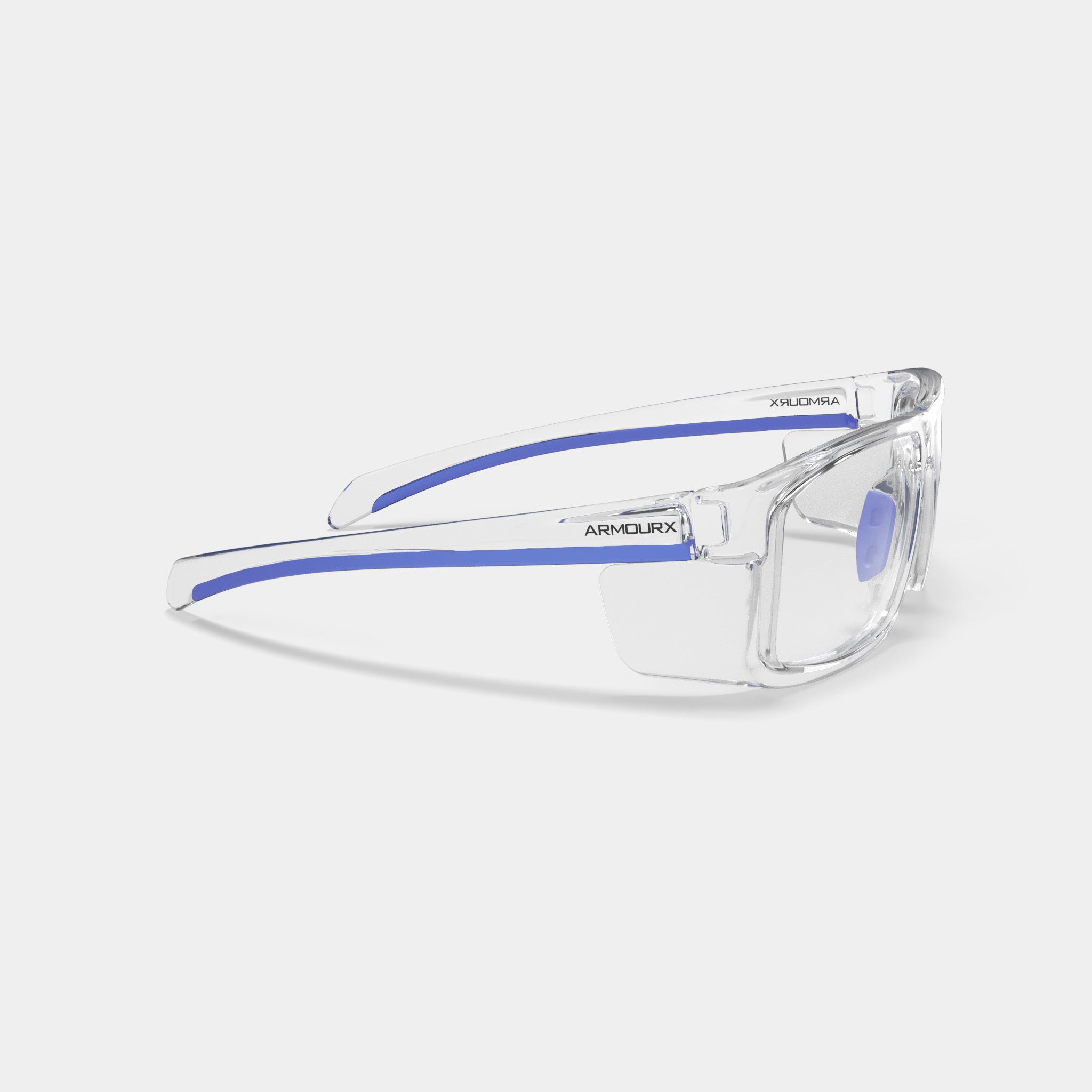 Armourx 5001 prescription safety glasses in clear with blue accents, side view