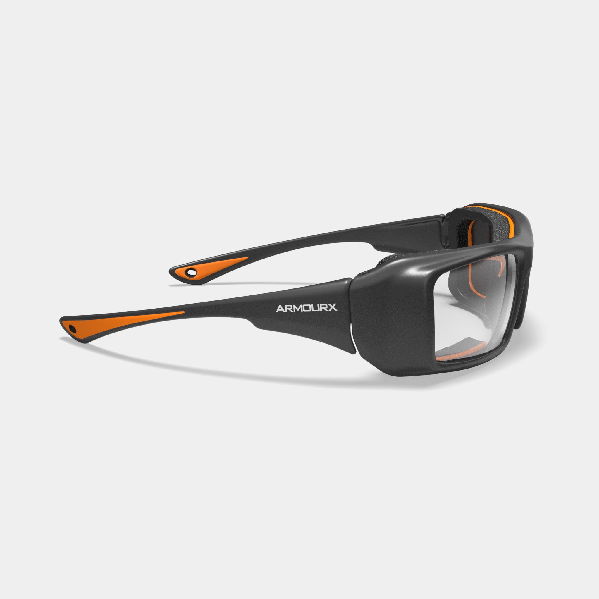 Armourx 6006 prescription safety glasses in black and orange side view