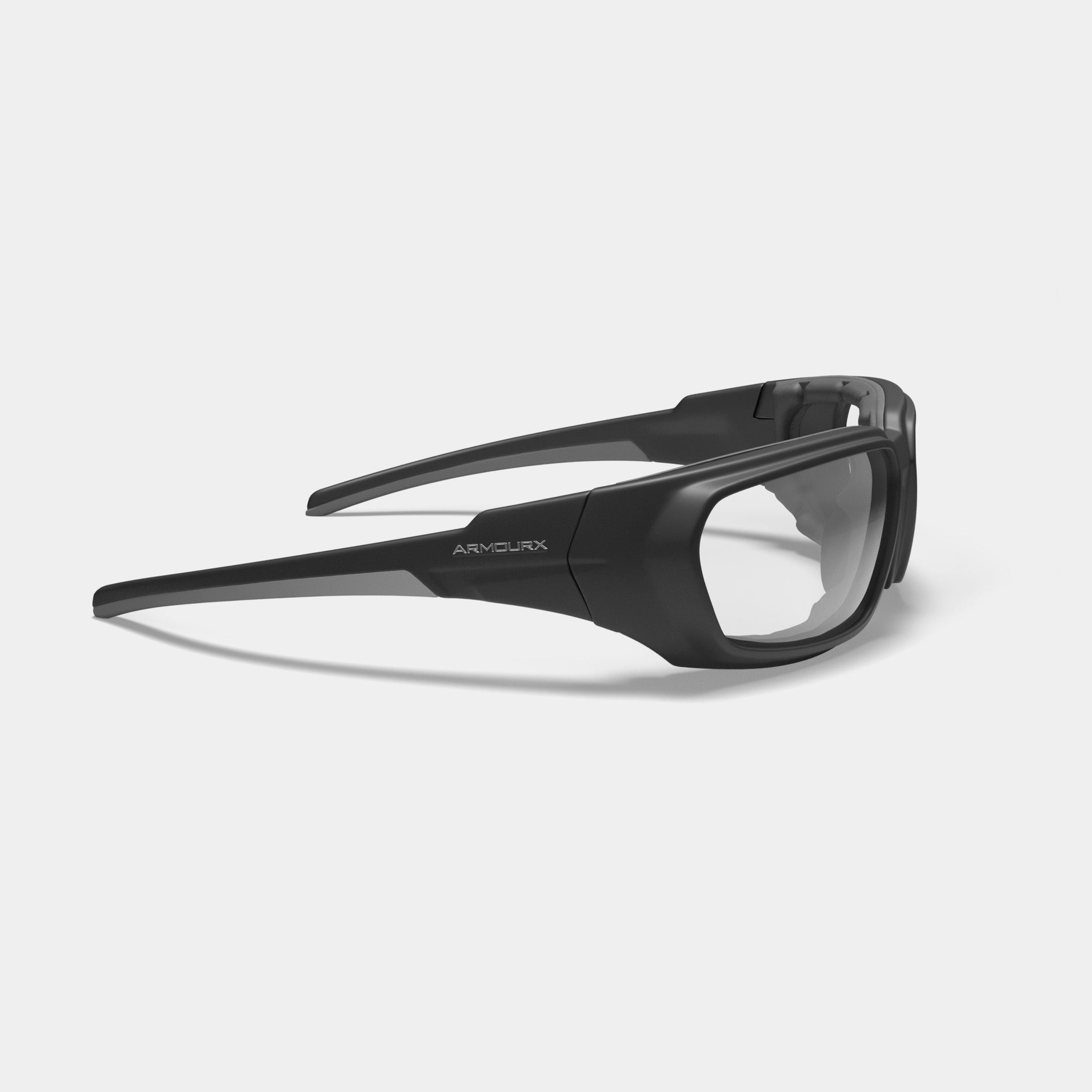 Armourx 6015 prescription safety glasses in black, side view on white background