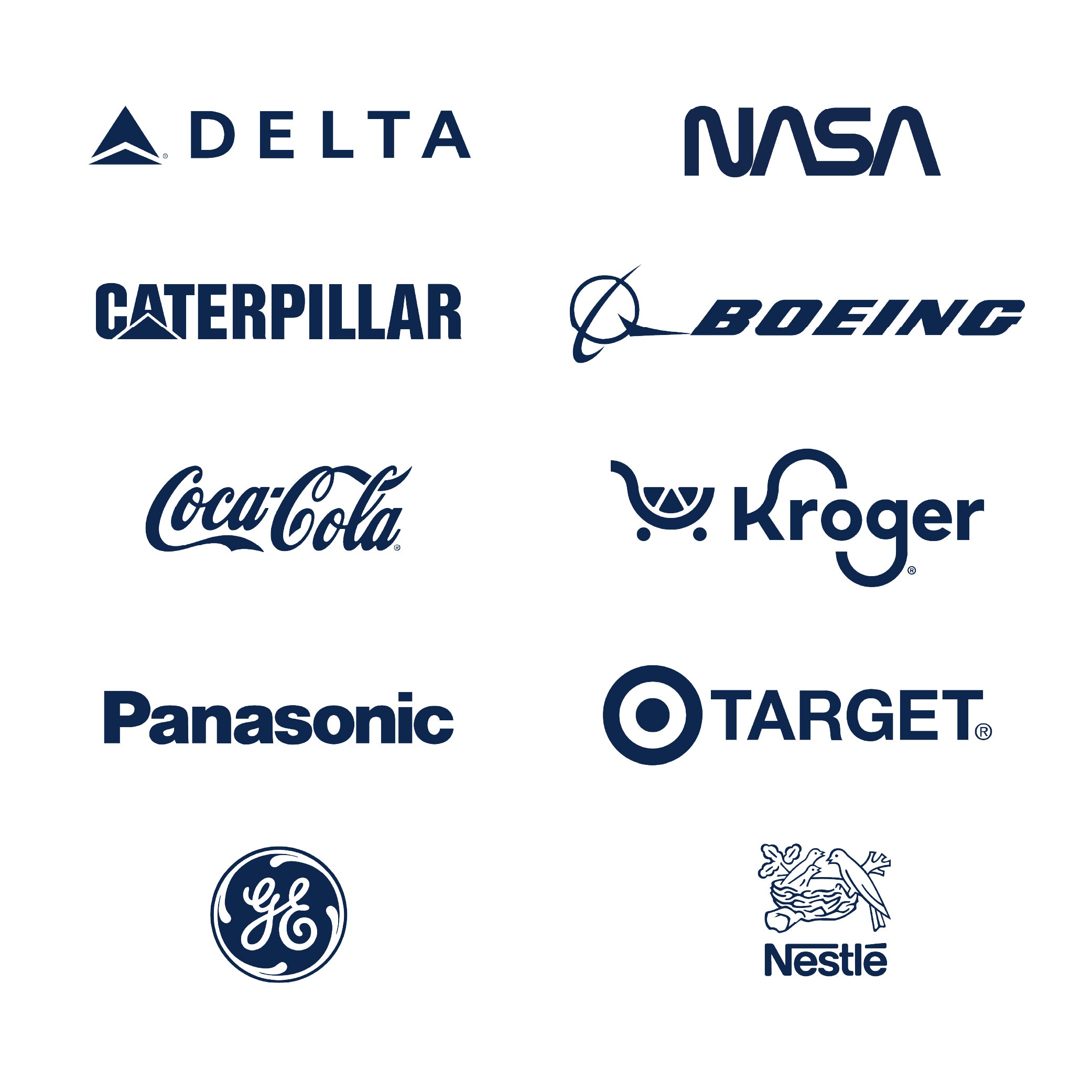 Logos of various companies including Delta, NASA, Caterpillar, Boeing, Coca-Cola, Kroger, Panasonic, Target, and Nestle on a white background.