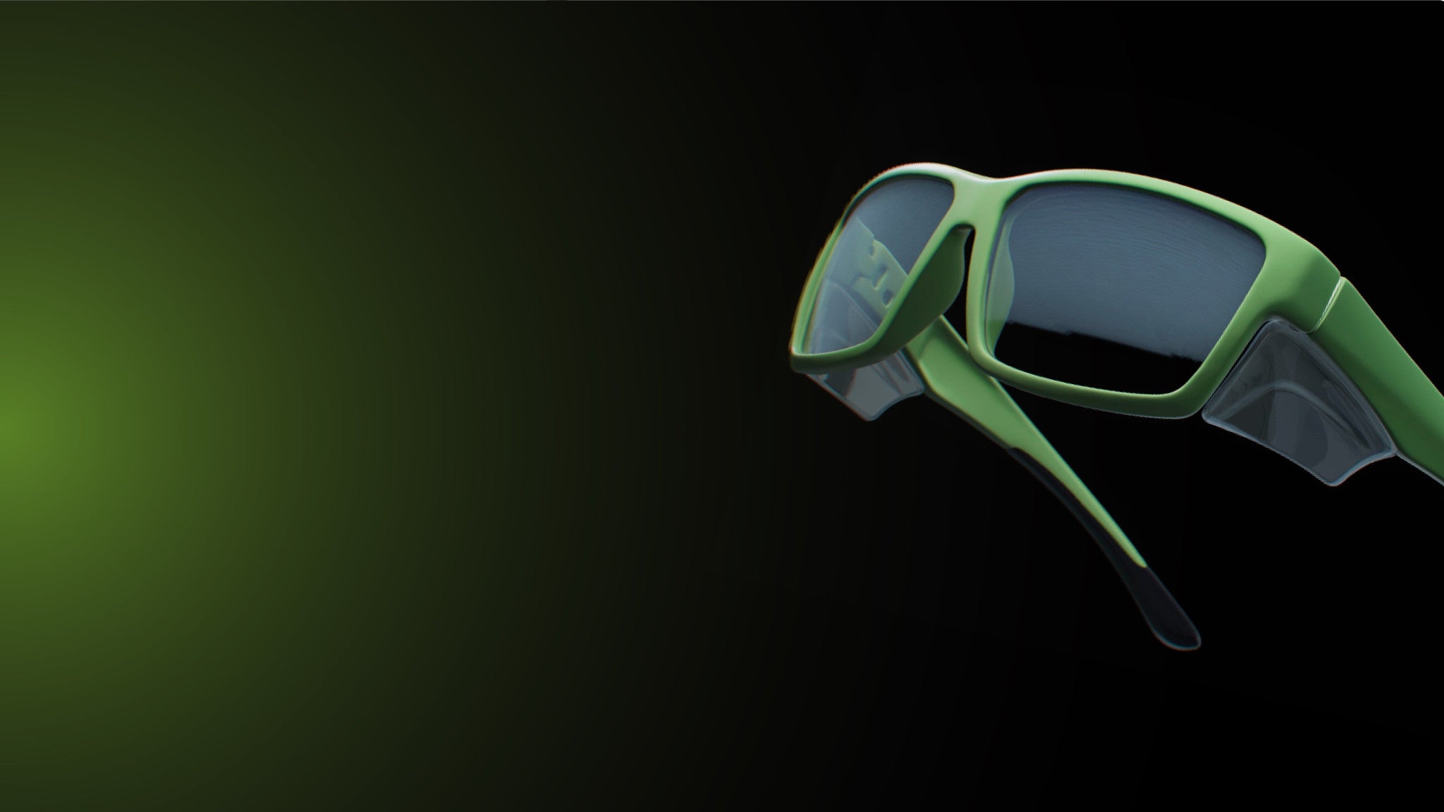Pair of green prescription safety glasses on a black background