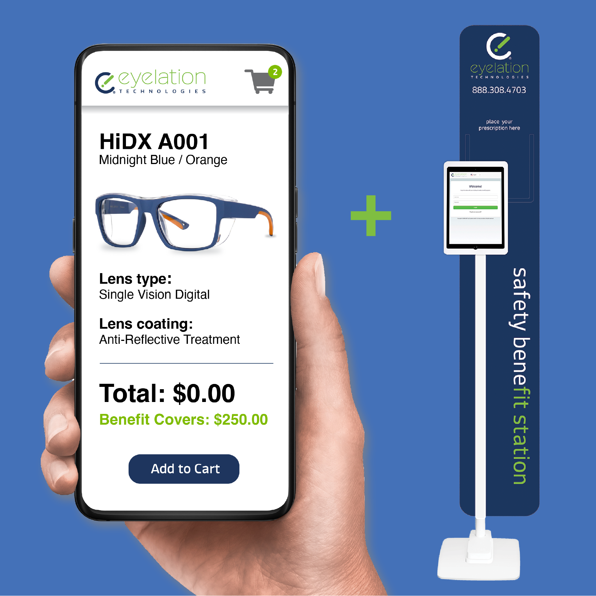 Eyelation safety kiosk for employee virtual ordering of prescription safety eyewear on-site at their work location.
