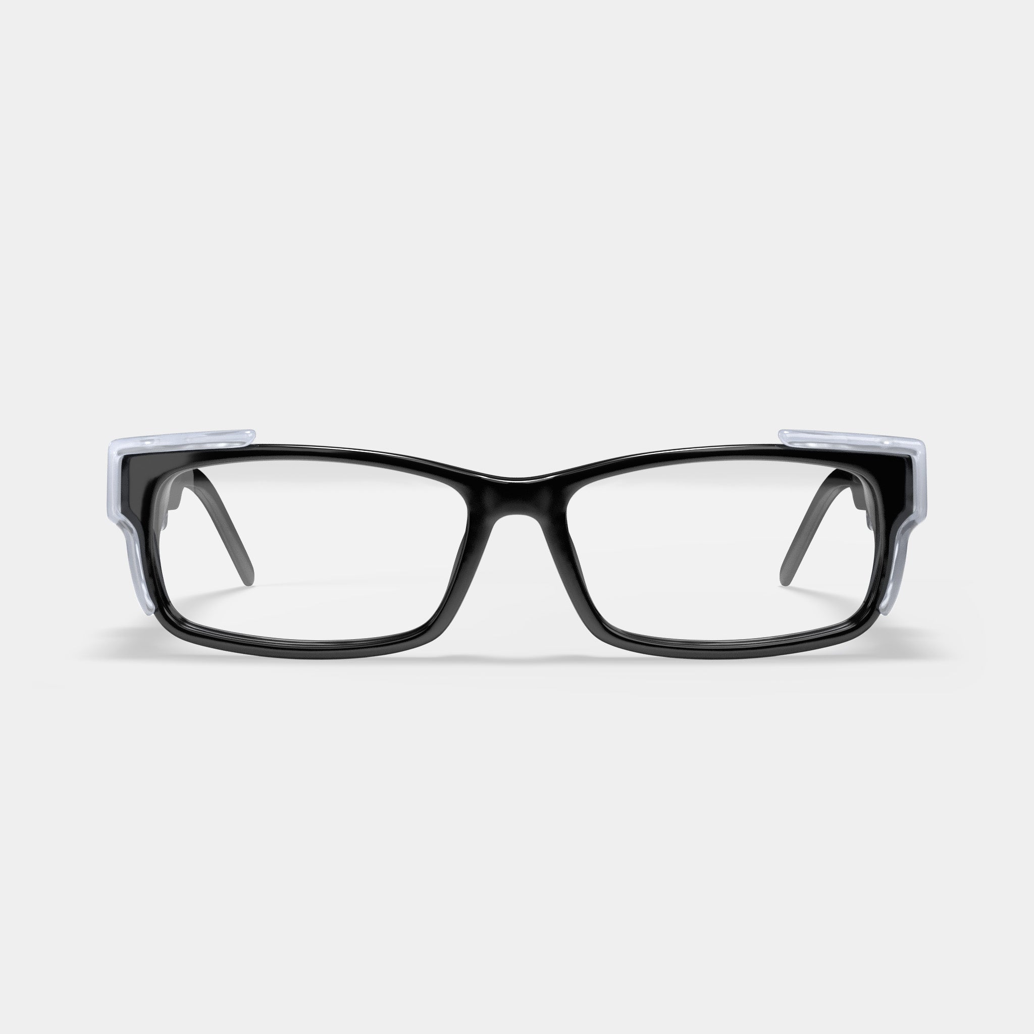 H207 prescription safety glasses in black with clear side shields, rectangular frame front view