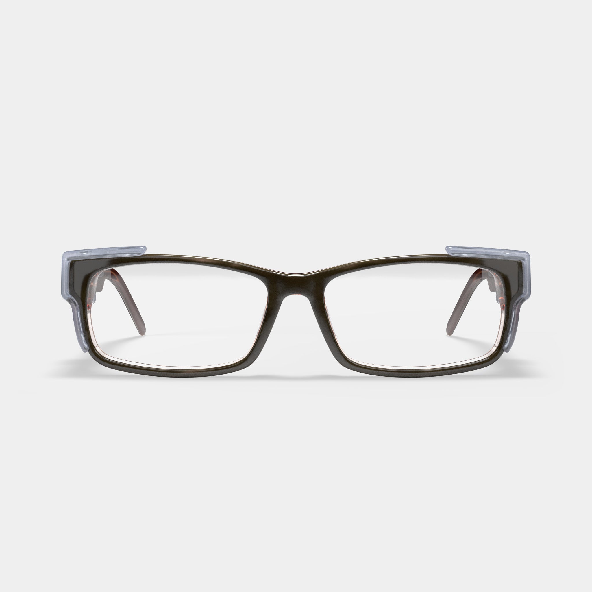 H207 prescription safety glasses in black with clear side shields, front view