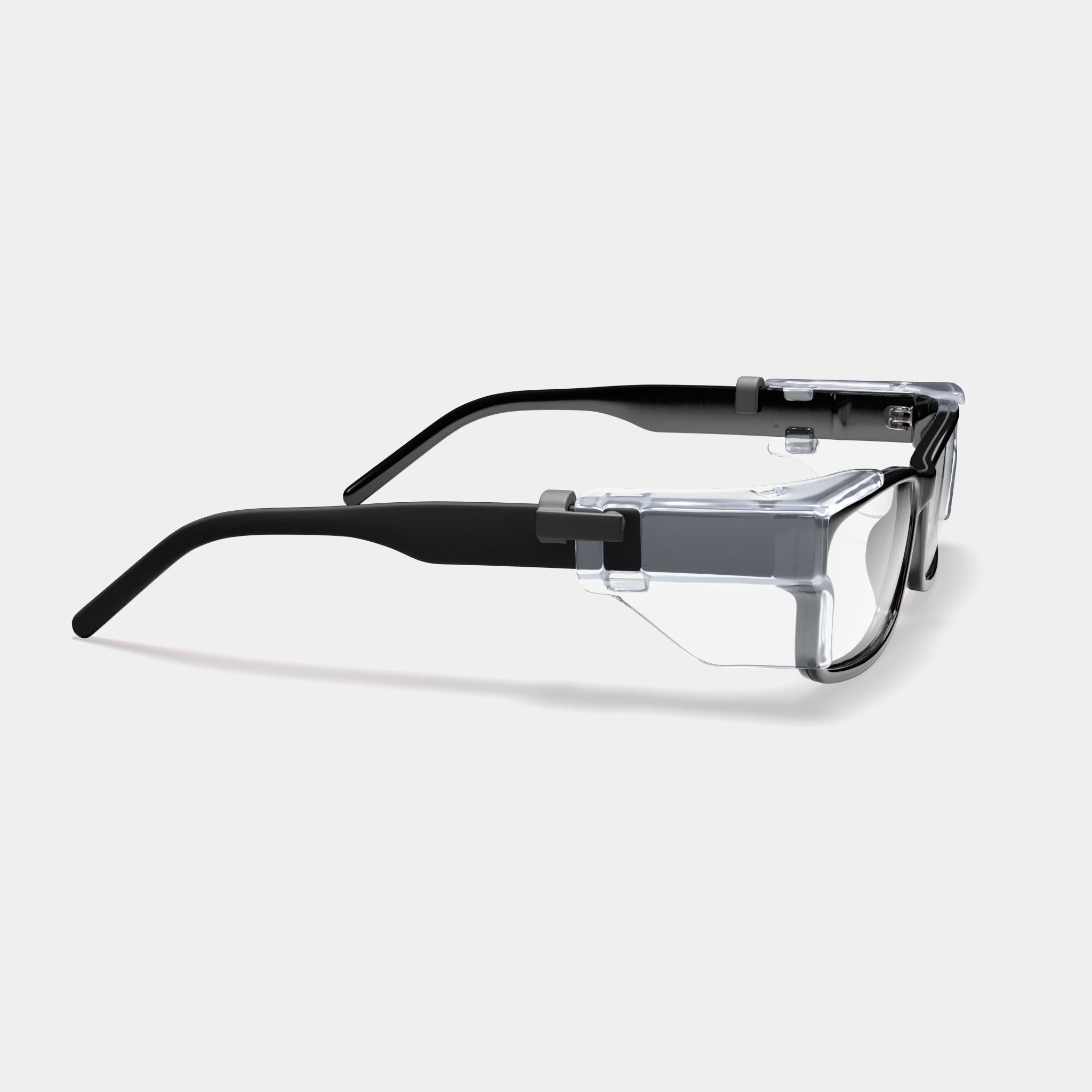 H207 prescription safety glasses in black with clear side shields, side view