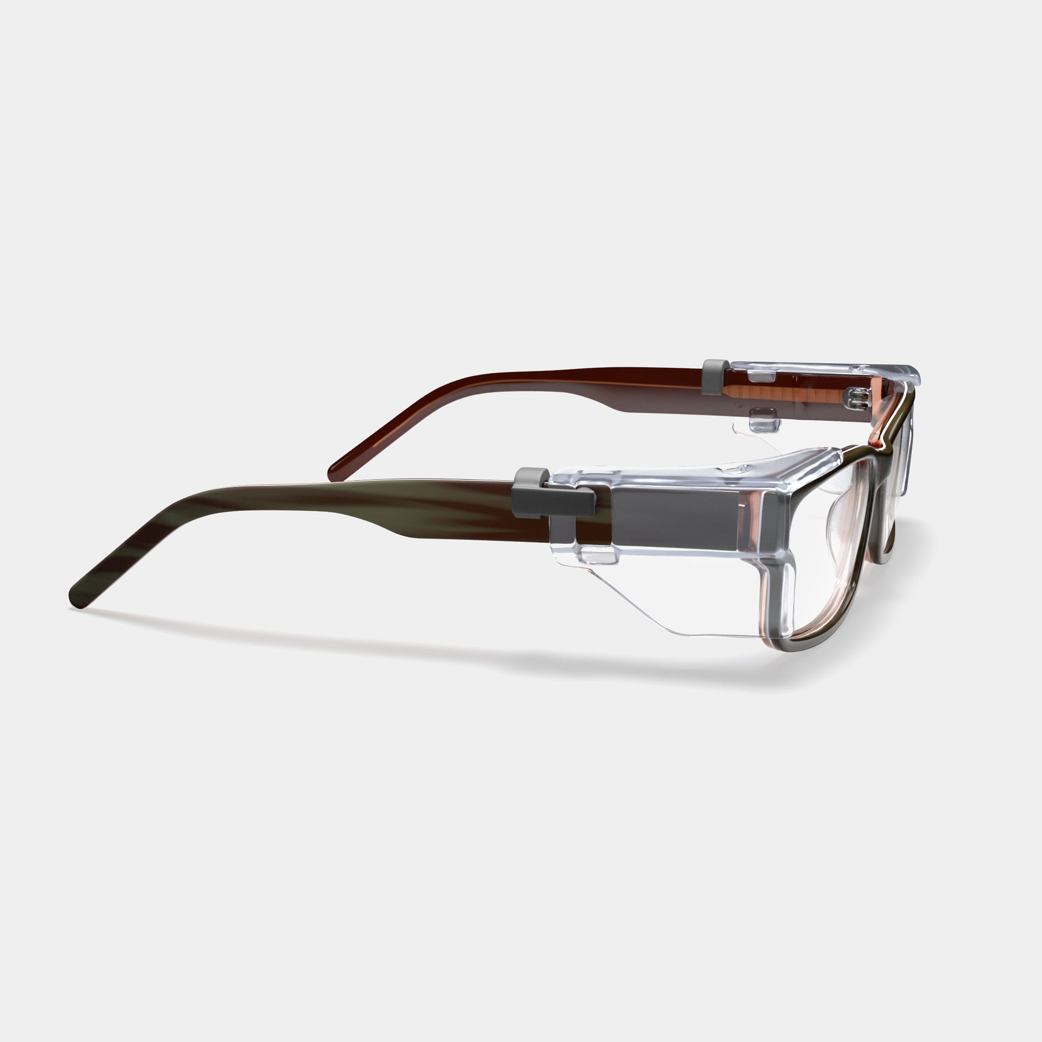 H207 prescription safety glasses in brown with clear side shields, side view