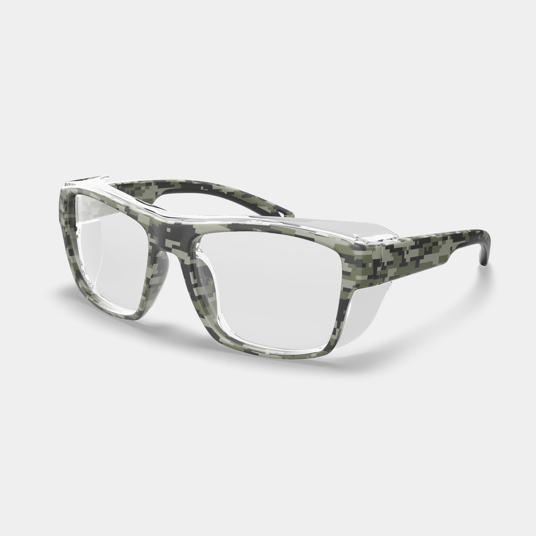 HiDX prescription safety glasses in camo variant color with clear side shields