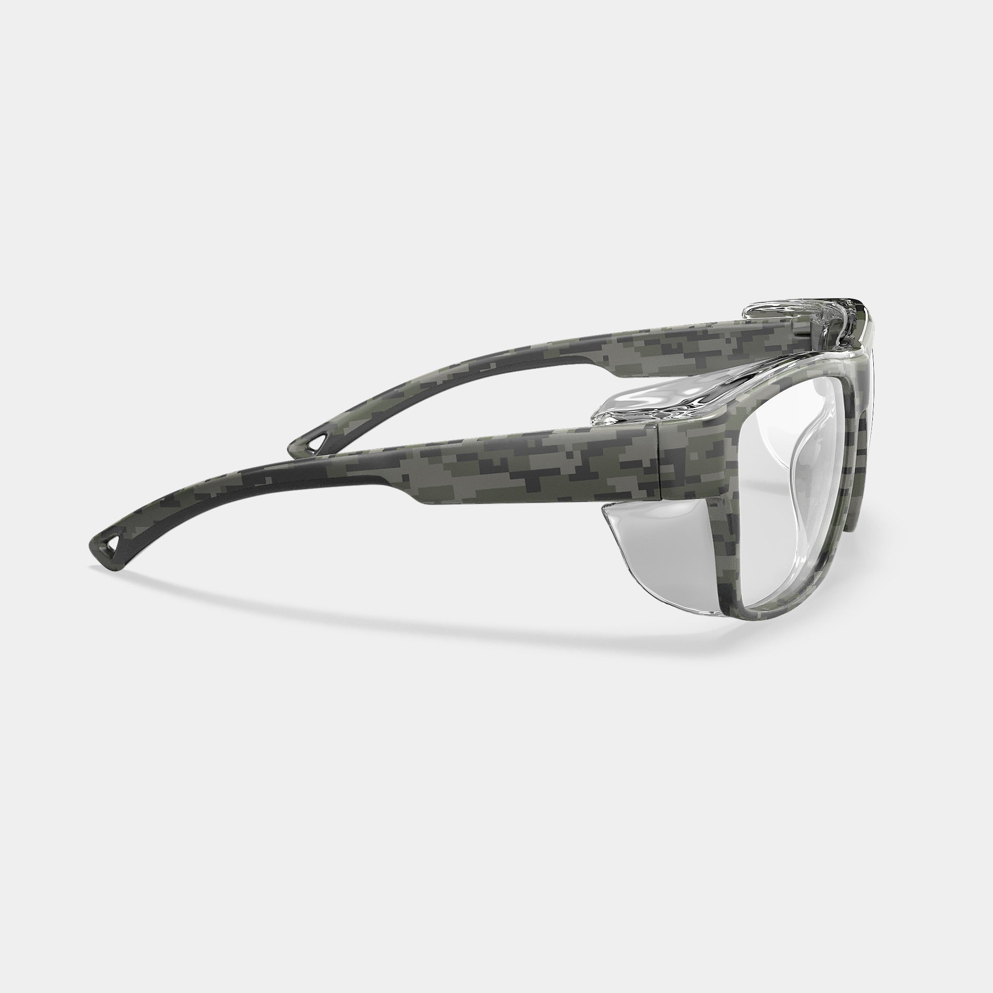 HiDX prescription safety glasses in camo side view with clear lenses