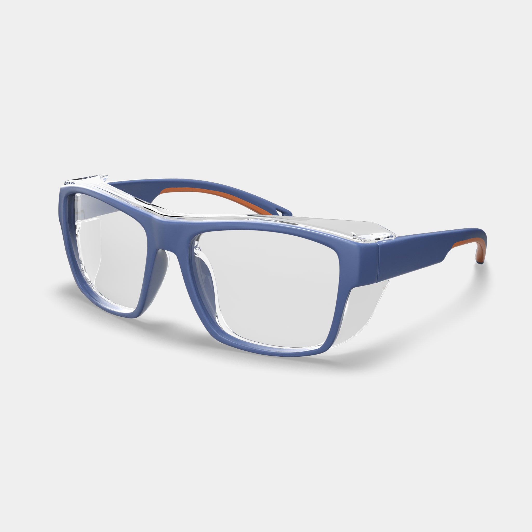 HiDX A001 prescription safety glasses in Midnight Blue Orange variant with clear lenses