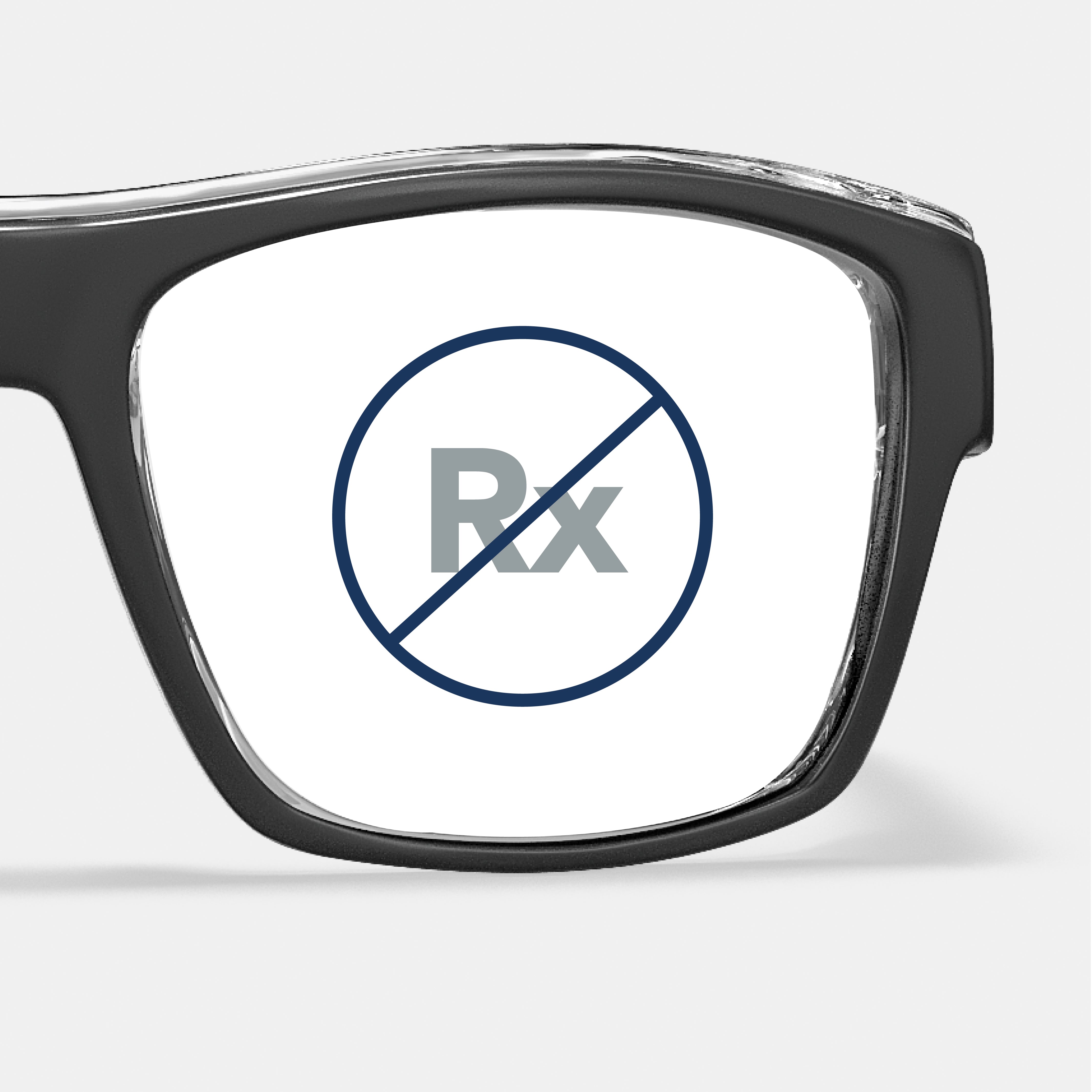 [product name] prescription safety glasses in black variant, close-up lens with no Rx symbol