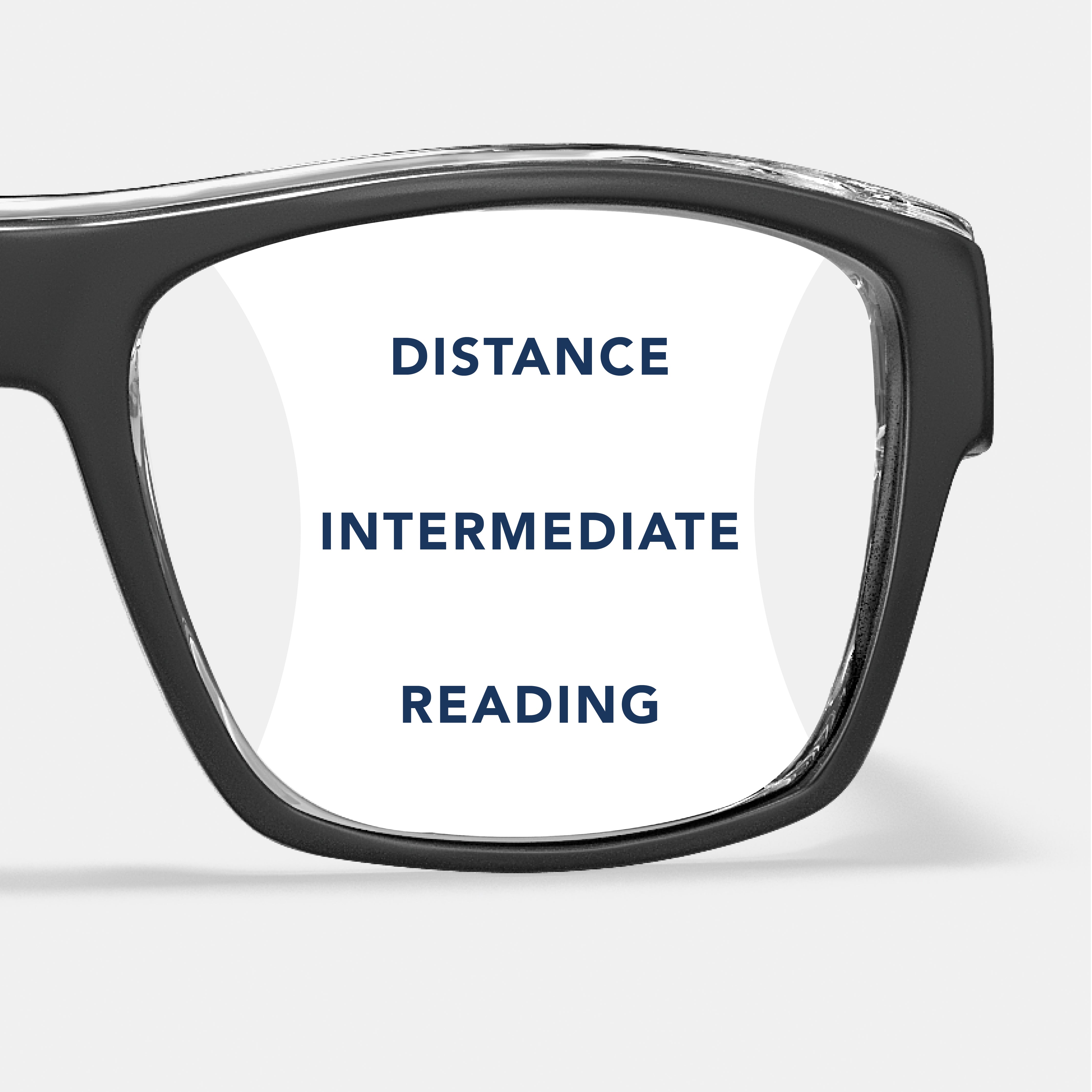 Progressive prescription safety glasses in black showing distance, intermediate, reading zones