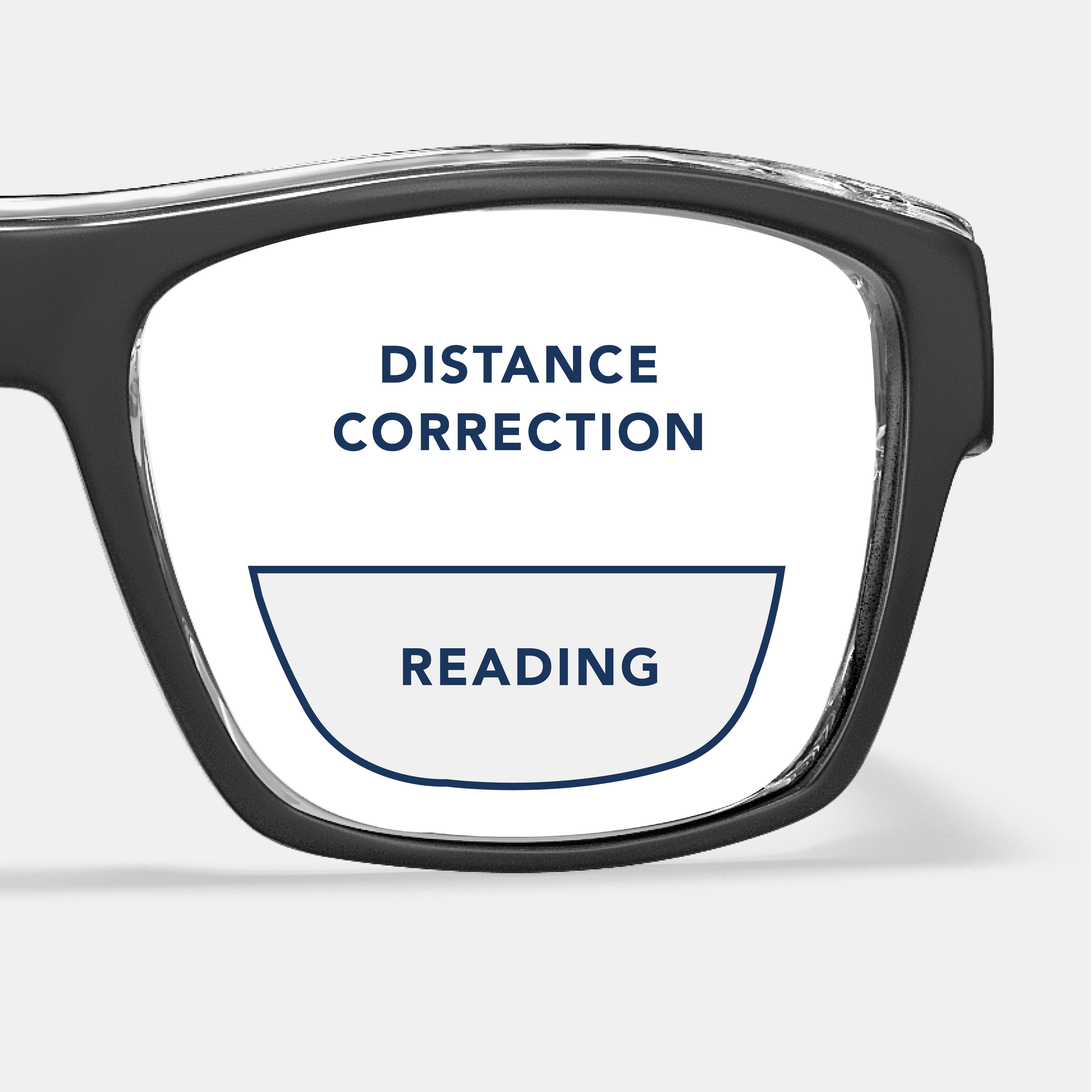 [product name] prescription safety glasses in black, showing bifocal lens with distance correction and reading segments.