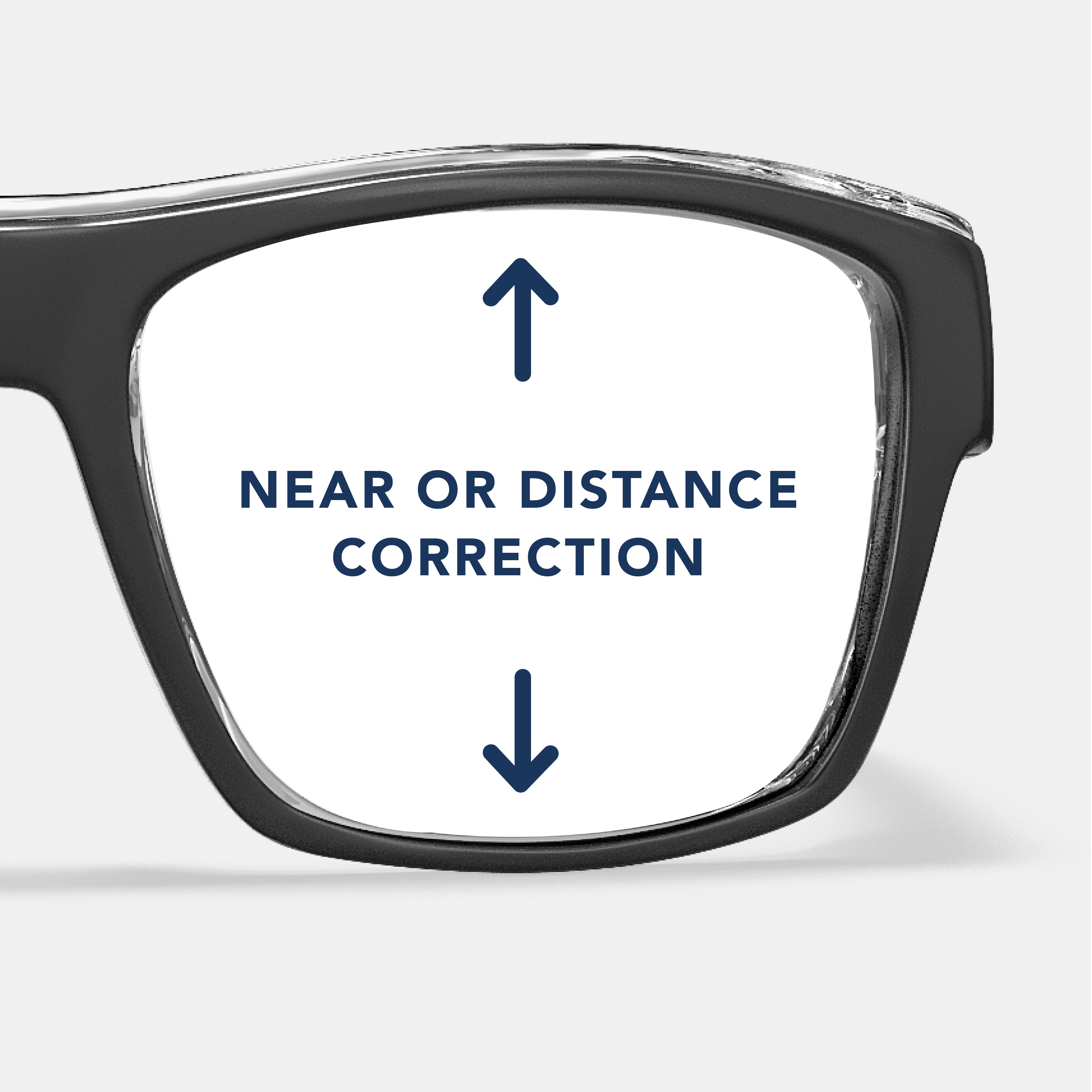 Prescription safety glasses in black variant with lens showing near or distance correction text