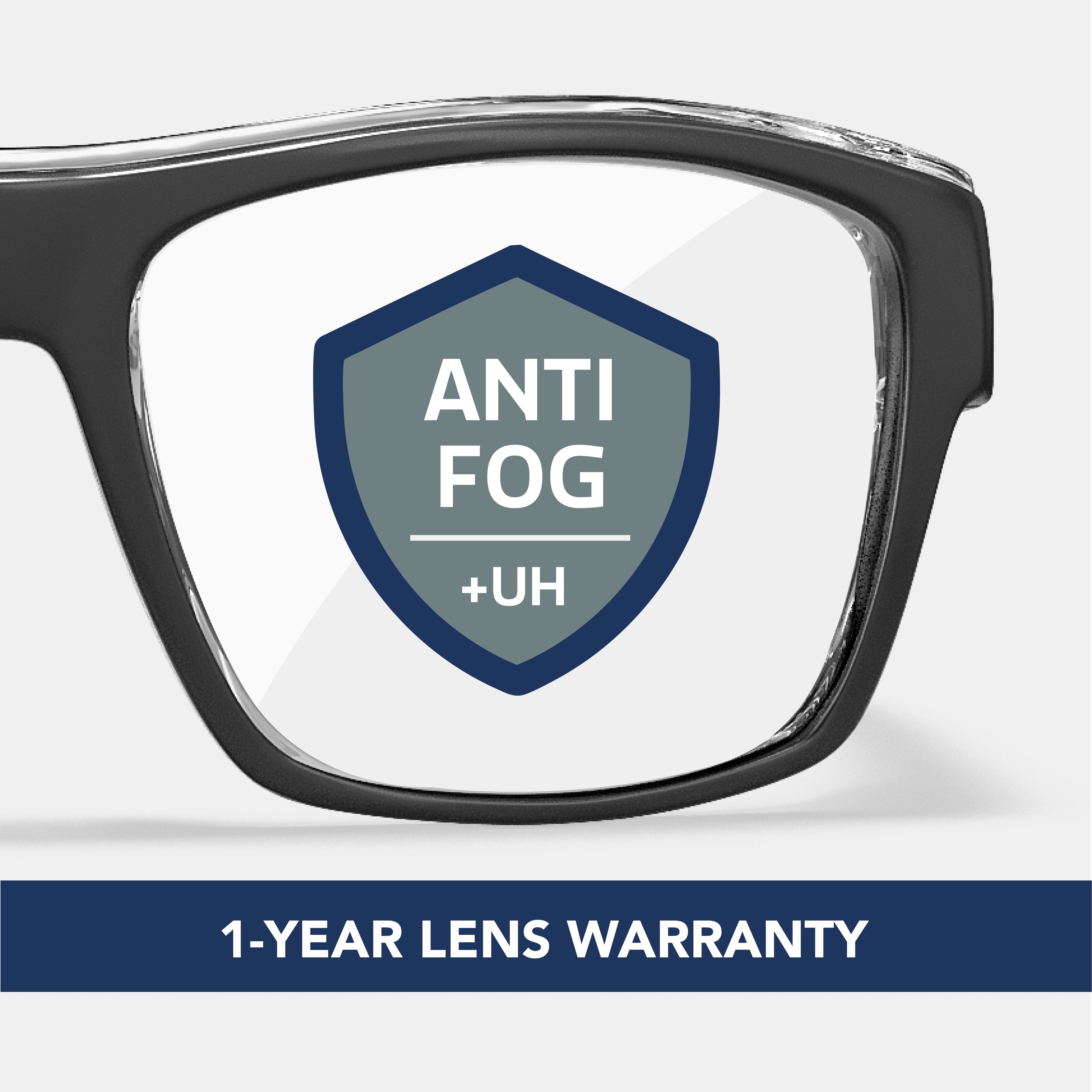 UltraHard prescription safety glasses in black with anti-fog lens and 1-year lens warranty