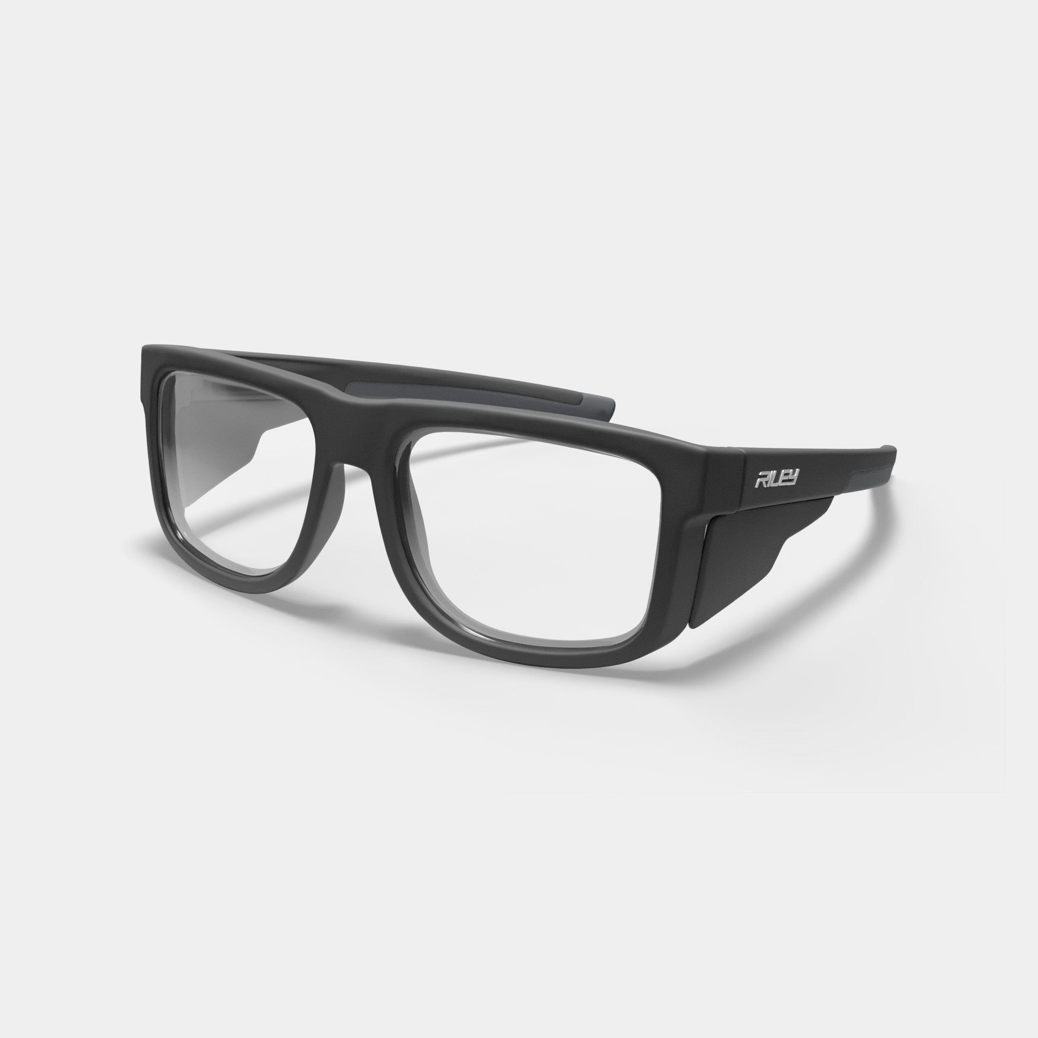 Riley Navigator prescription safety glasses in black with side shields on white background