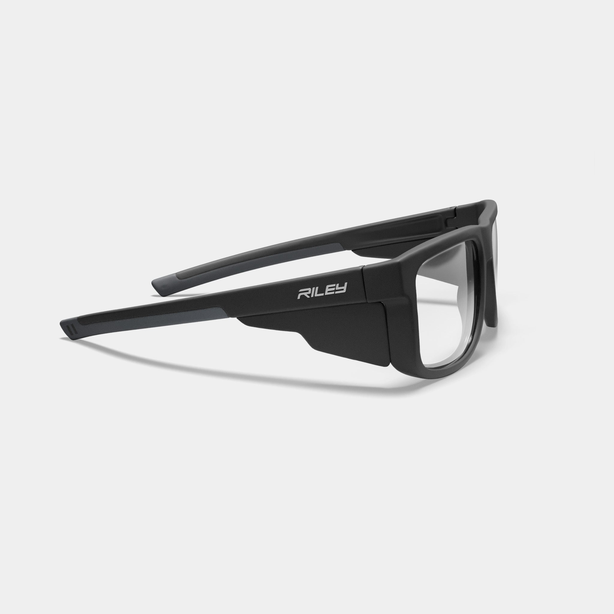 Riley Navigator prescription safety glasses in matte black, side view on white background