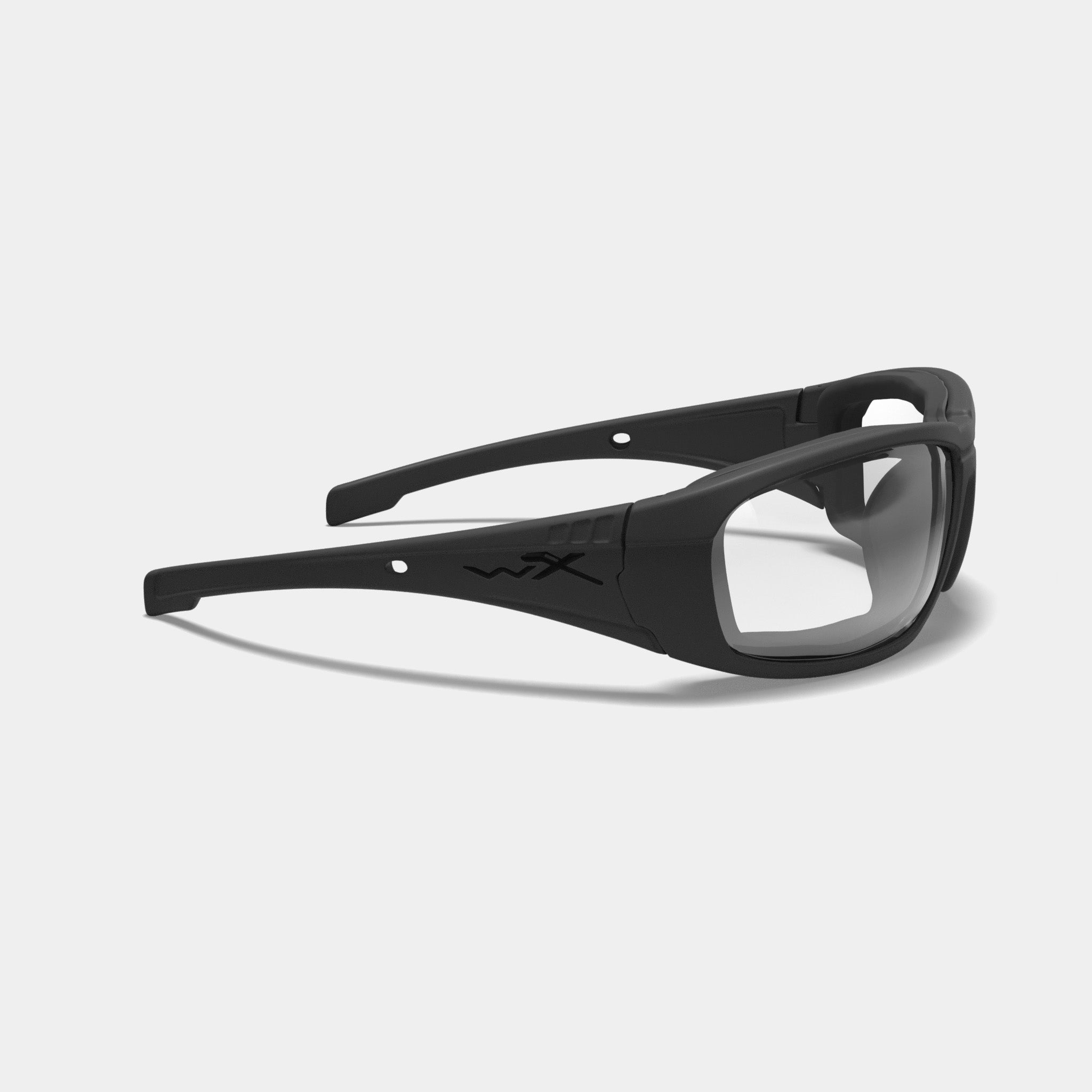 Wilex X Boss prescription safety glasses in black, side view on white background