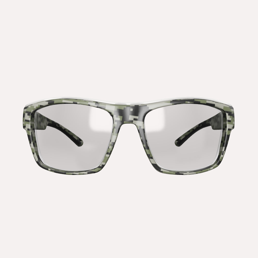 A pair of HiDX A001 prescription safety glasses in camo color with integrated side shields and clear lenses.