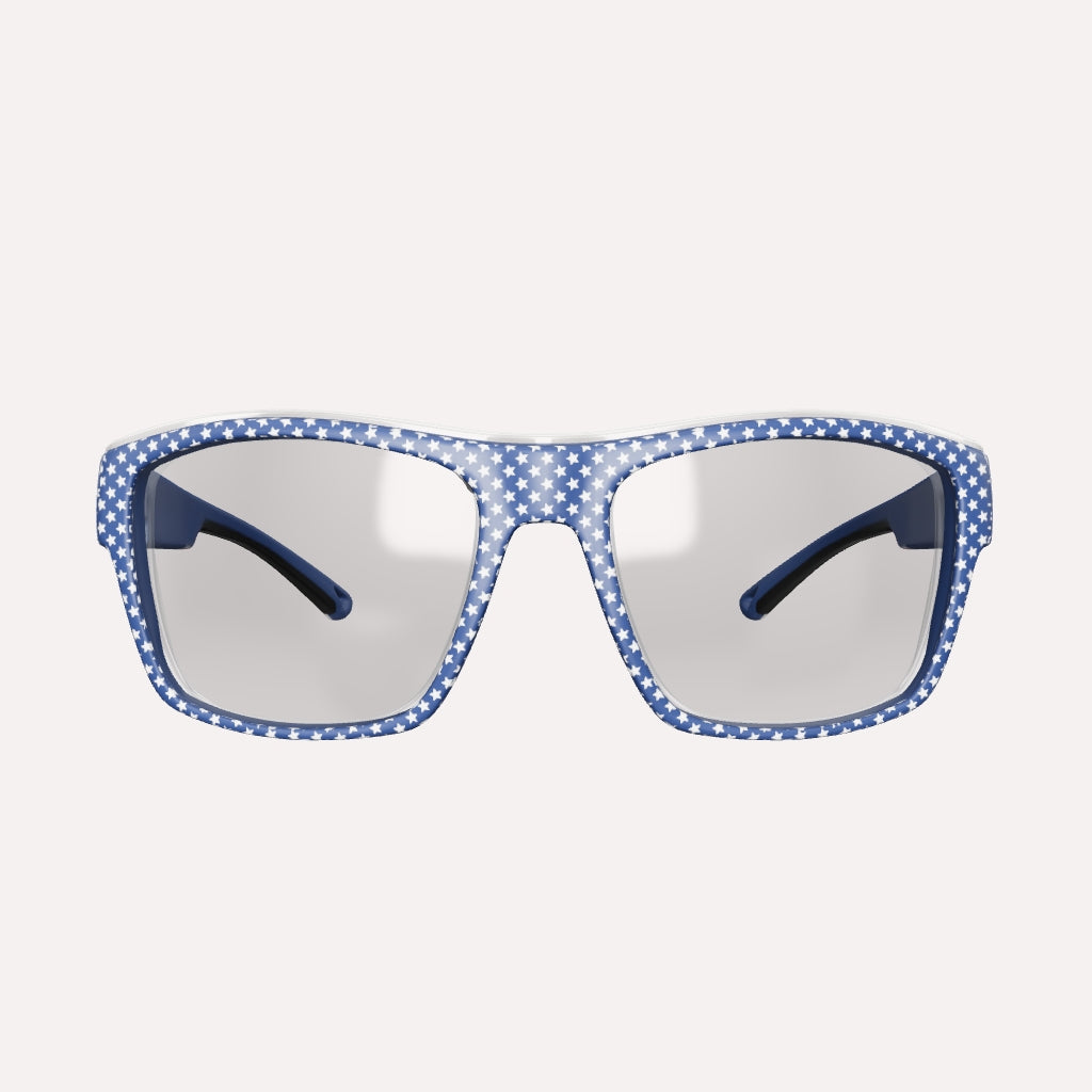 A 3D view of HiDX A001 prescription safety glasses in American Flag color with integrated side shields and clear lenses.