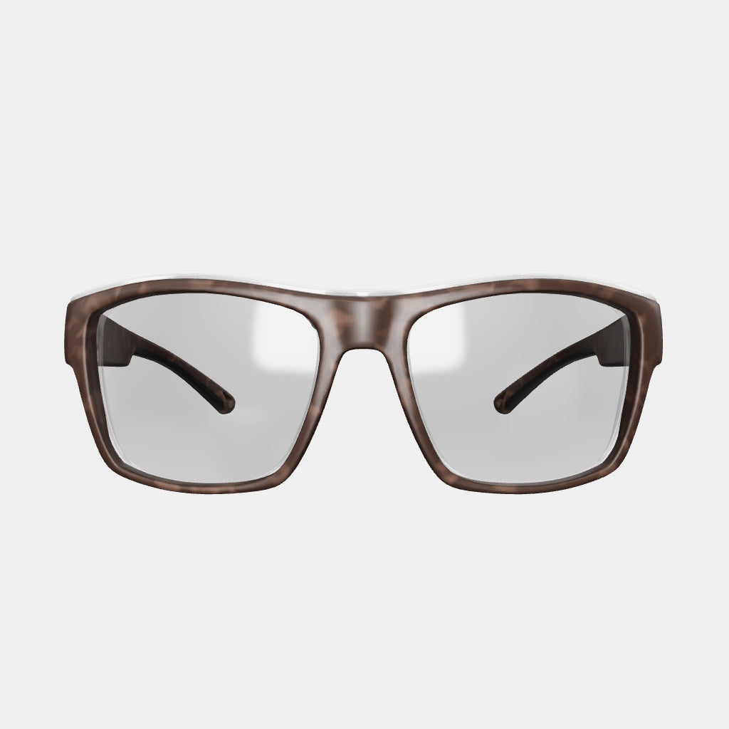 A pair of HiDX A001 prescription safety glasses in tortoise color with integrated side shields and clear lenses.