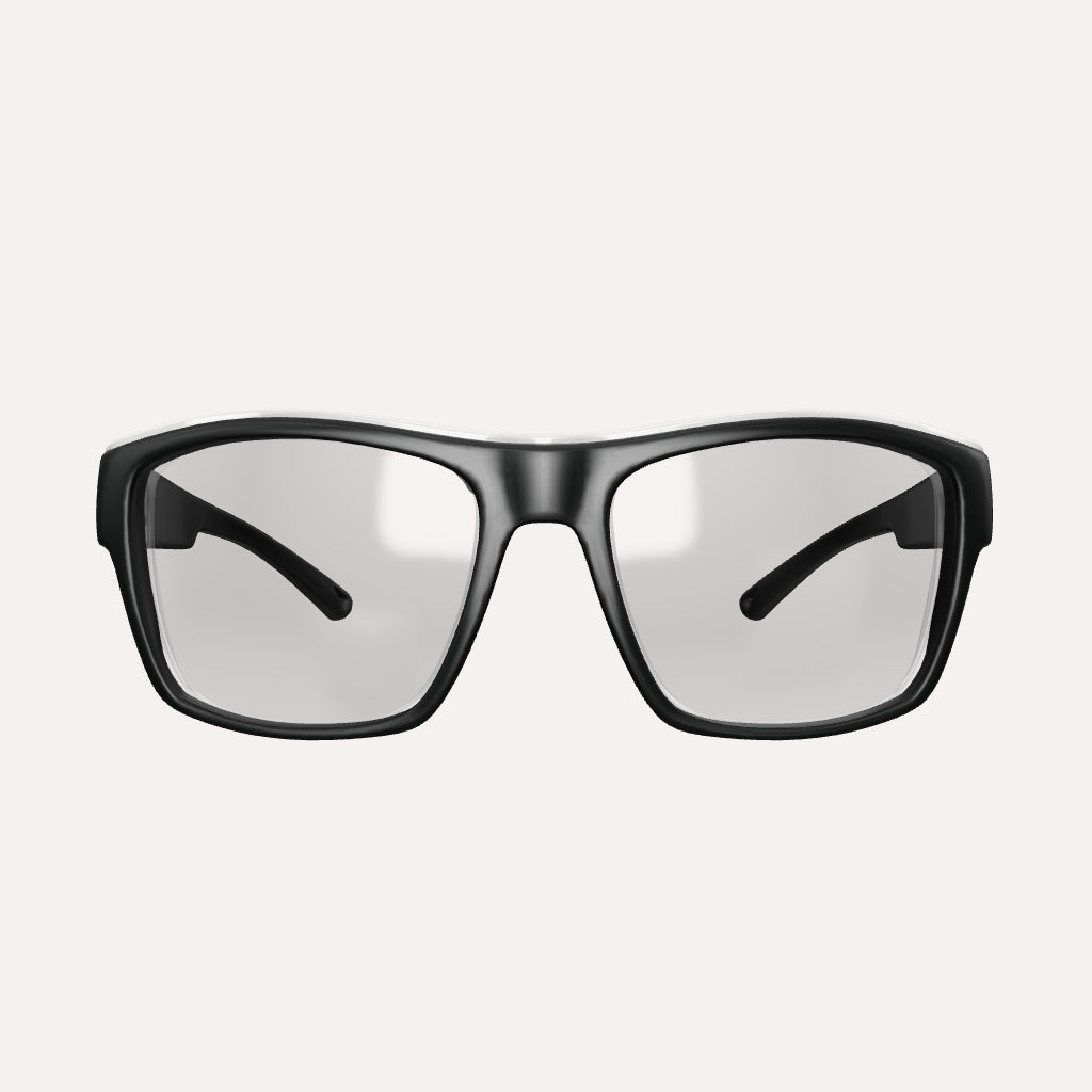 A 3D view of HiDX A001 prescription safety eyewear in black with integrated side shields and clear lenses.