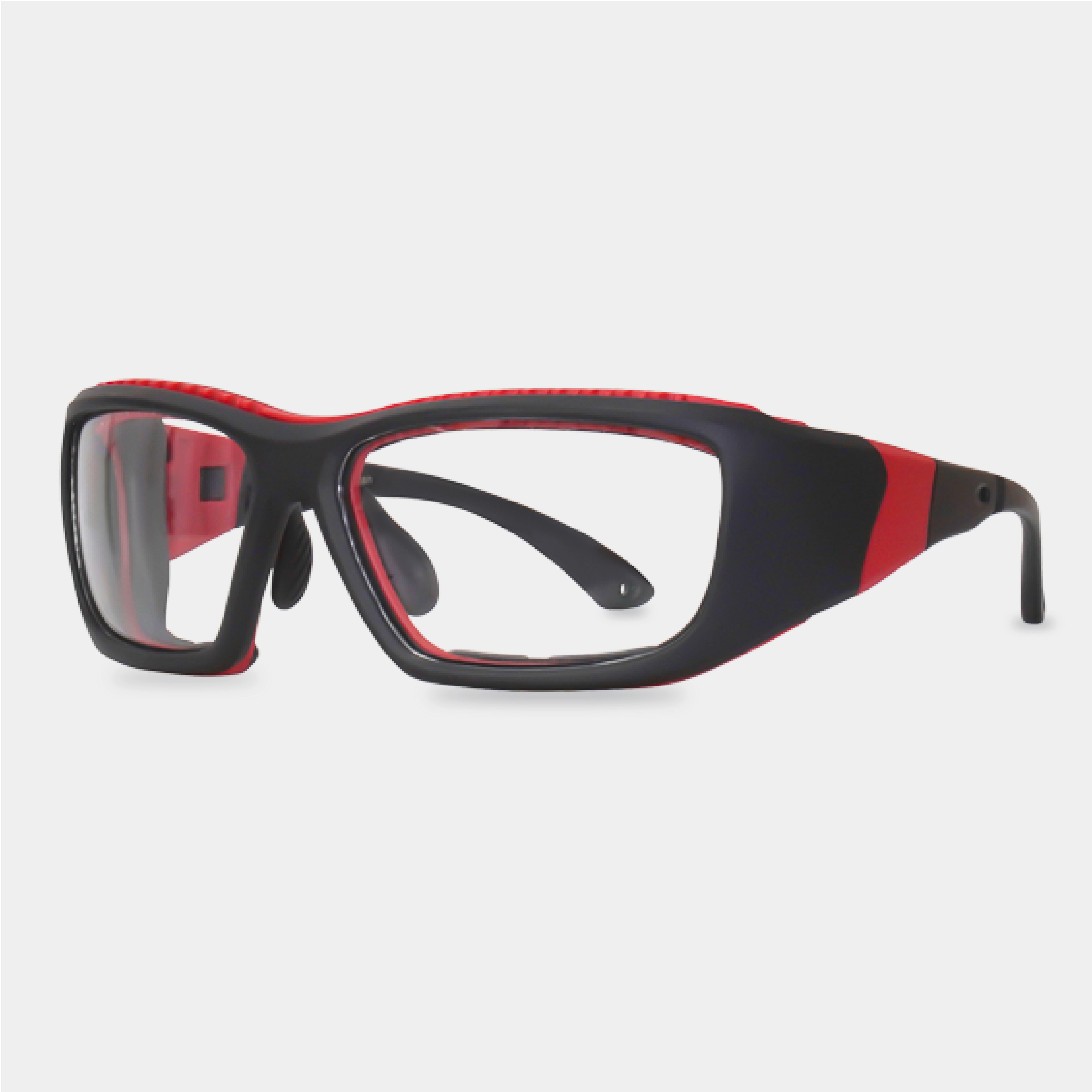 HiDX A011 prescription safety glasses in red/black on a white background.