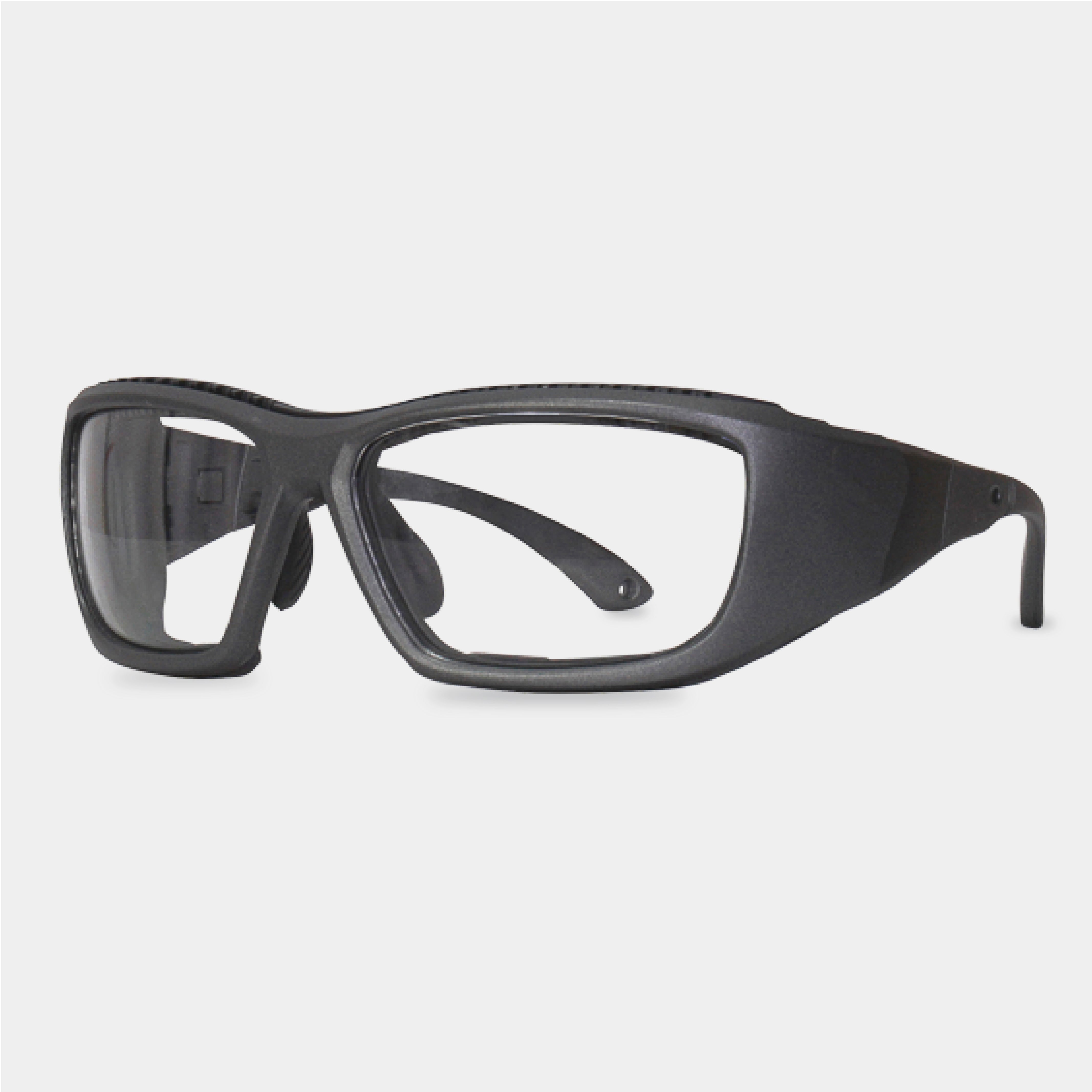 HiDX A011 prescription safety glasses in grey on a white background.